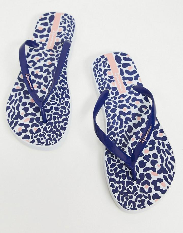 Ipanema Leopard Print Flip Flops In Navy