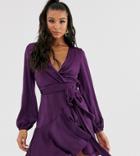 Flounce London Satin Mini Wrap Dress In Amethyst-purple