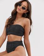 Asos Design Crinkle Bandeau Bikini Top In Black And Silver Metallic