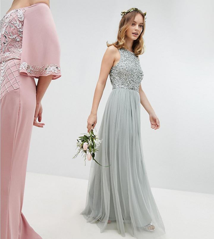 Maya Petite Sleeveless Sequin Bodice Tulle Detail Maxi Bridesmaid Dress With Cutout Back - Green