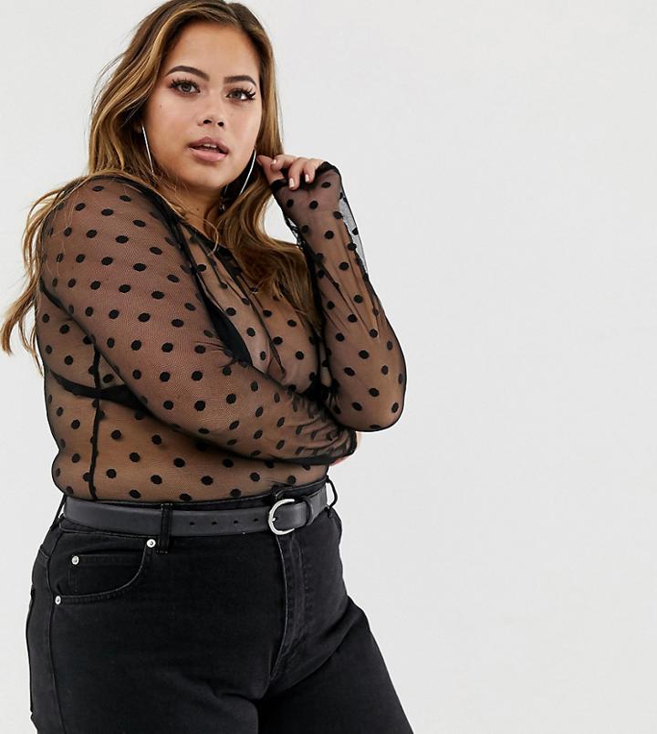 Rokoko Plus Mesh Top With Spot Flocking - Black