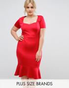 Club L Plus Office Scuba Sweetheart Detailed Midi Bodycon Dress - Red