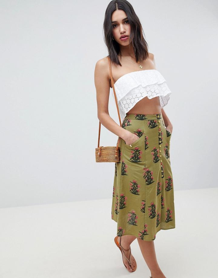 Asos Design Button Front A-line Midi Skirt In Green Floral Print - Multi