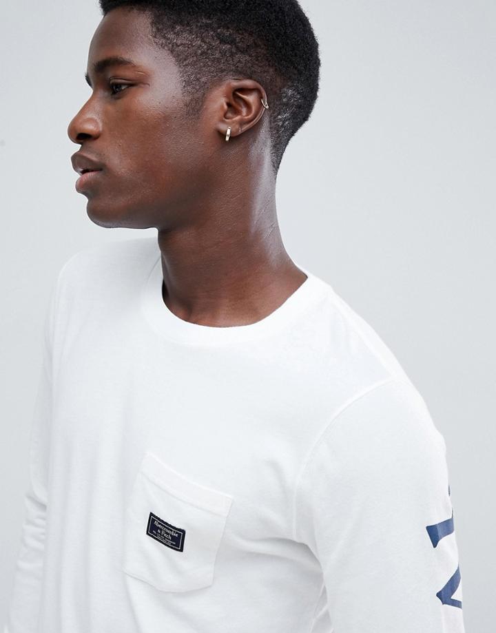 Abercrombie & Fitch Pocket Logo Back & Sleeve Print Long Sleeve Top In White - White
