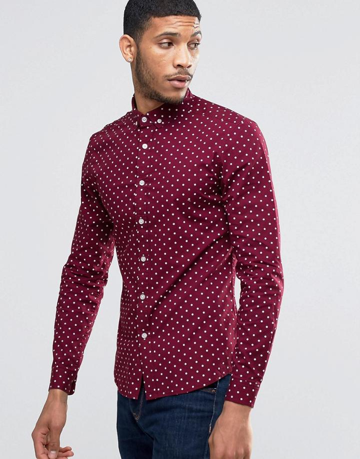 Asos Skinny Shirt With Polka Print In Burgundy - Burgundy