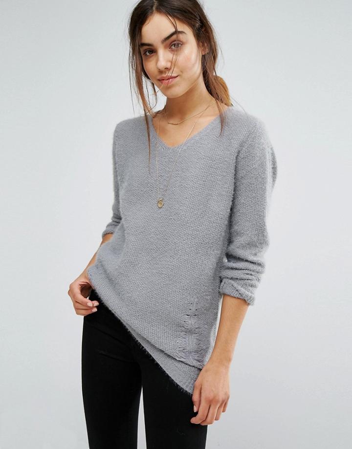 Wild Flower V Neck Distressed Sweater - Gray