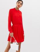 Unqiue21 Long Sleeve Collarless Pleated Dress - Red