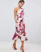 Asos Design One Shoulder Midi Dress With Floral And Stripe Print-multi