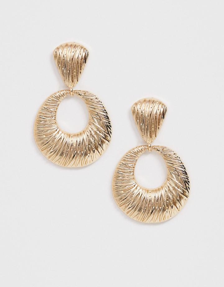 Asos Design Earrings In Engraved Texture Open Circle Drop Design In Gold Tone - Gold