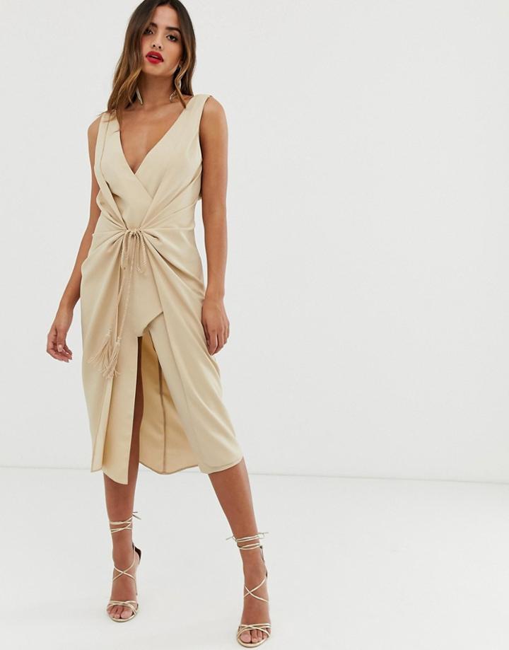 Asos Design Midi Dress With Rope Tie Waist Detail - Beige