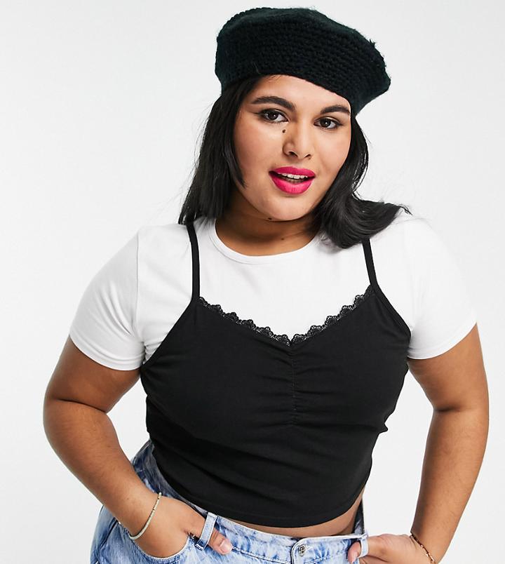 Daisy Street Plus White Crop Tee With Grunge Black Cami Lace Overlay-multi
