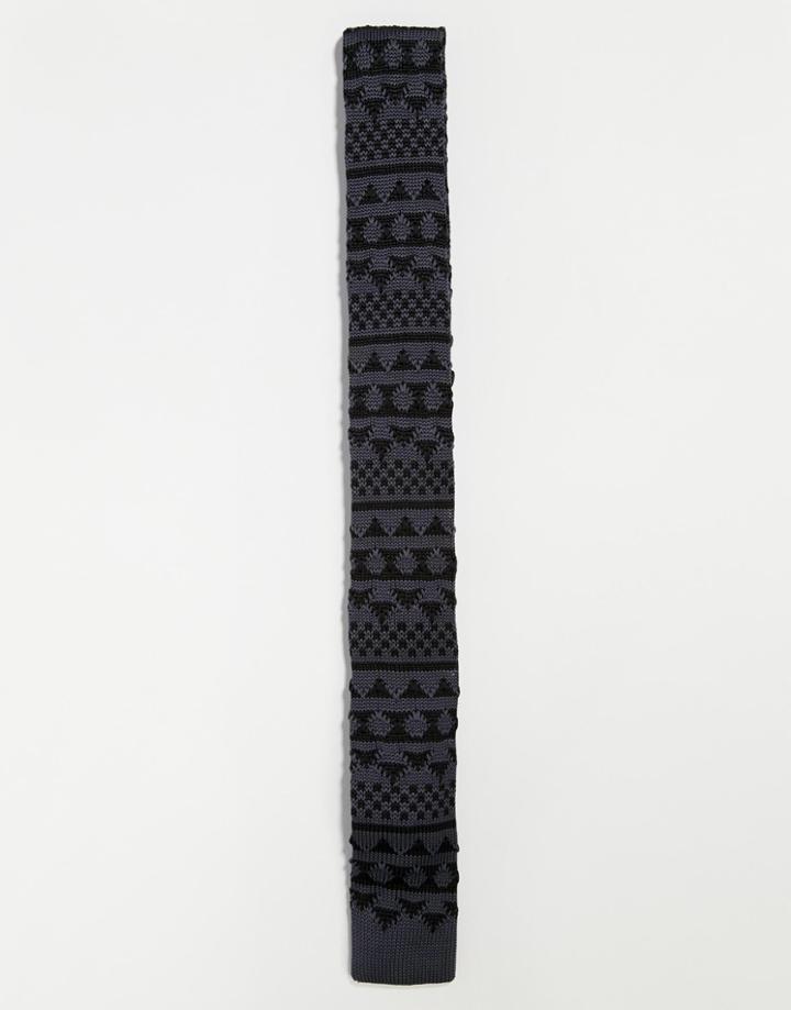 Asos Knitted Tie In Fair Isle Navy - Navy