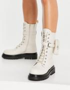 Truffle Collection Mid Height Chunky Lace Up Boots In Cream With Detachable Pouch-white