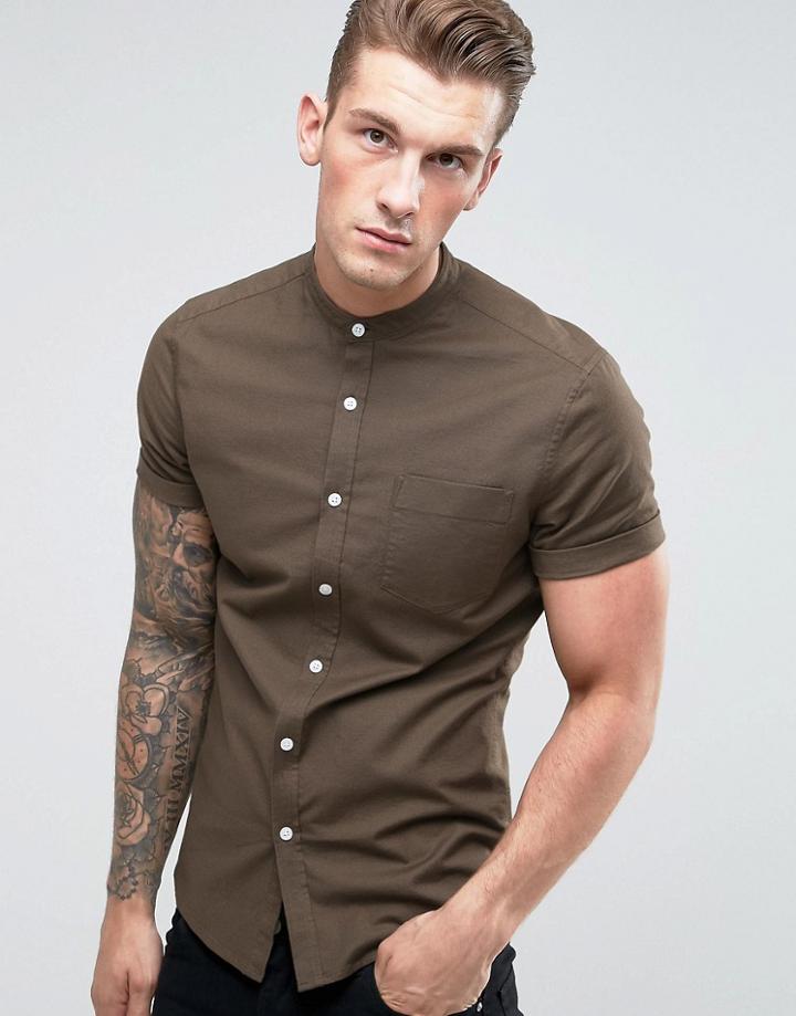 Asos Casual Slim Oxford Shirt With Stretch And Grandad Collar - Green