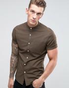 Asos Casual Slim Oxford Shirt With Stretch And Grandad Collar - Green