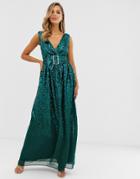City Goddess Sequin Rhinestone Belted Maxi Dress-green