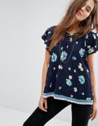 Ba & Sh Embroidered Frilled Top - Navy