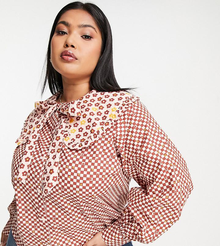Neon Rose Plus Bow Tie Collar Blouse In Mixed Gingham-multi