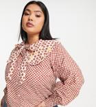 Neon Rose Plus Bow Tie Collar Blouse In Mixed Gingham-multi