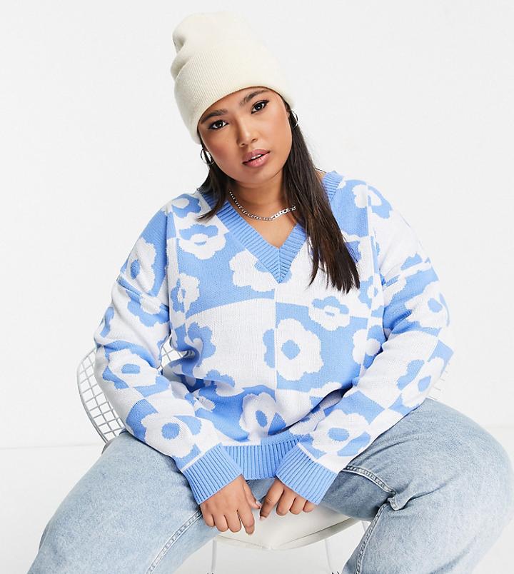 Asos Design Curve V-neck Sweater In Daisy Check Pattern-multi