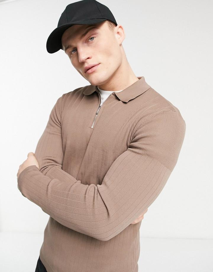 River Island Long Sleeve Knit Ribbed Polo In Stone-neutral