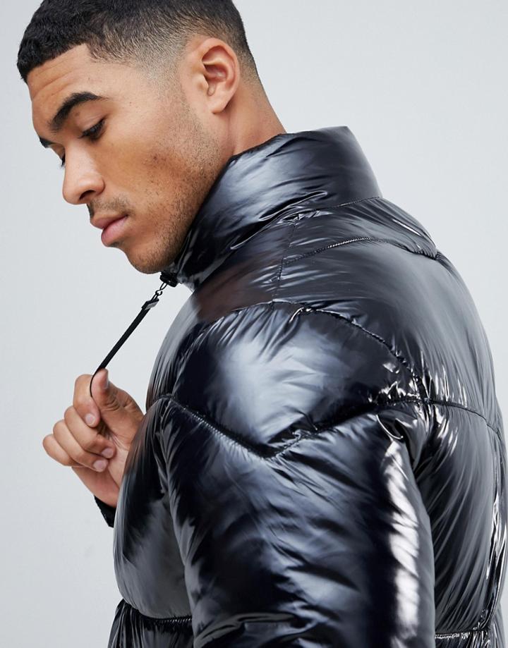 River Island Wet Look Puffer Jacket In Black - Black