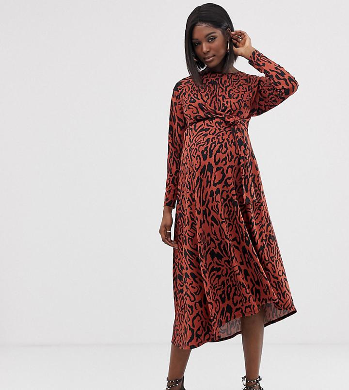 Asos Design Maternity Tie Waist Maxi Dress In Animal Print