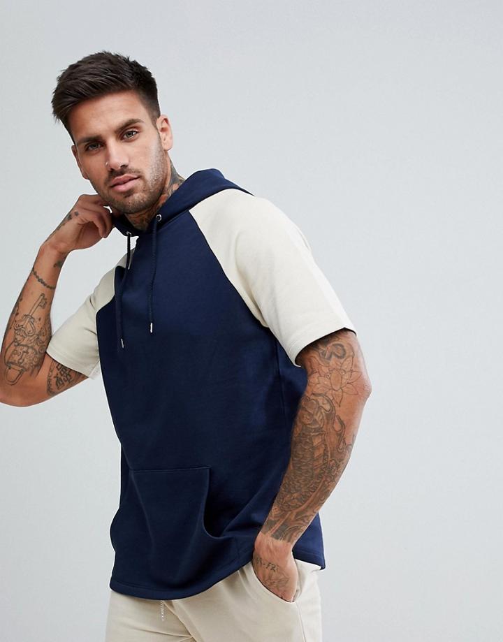Asos Short Sleeve Hoodie In Navy And Beige - Navy