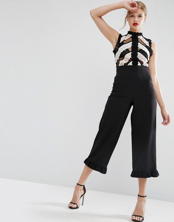 Asos Culotte Trousers With Ruffle Hem - Black