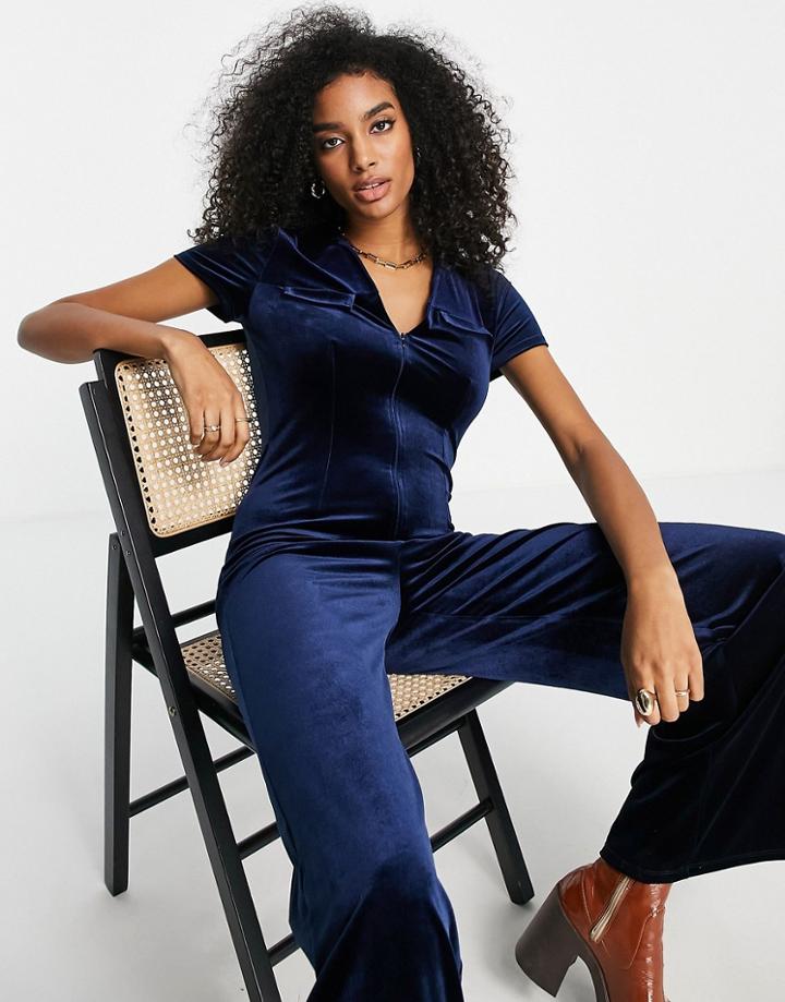 Asos Design Velvet 70s Collar Zip Front Jumpsuit In Dark Navy