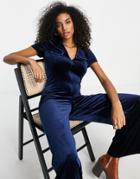 Asos Design Velvet 70s Collar Zip Front Jumpsuit In Dark Navy