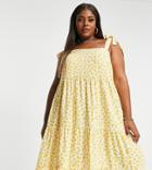 New Look Curve Tie Shoulder Tiered Mini Dress In Yellow Floral