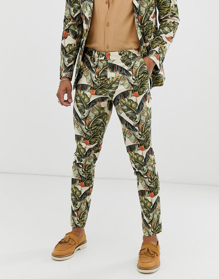 Asos Design Skinny Suit Pants In Cotton Wiith Leaf Print - Green