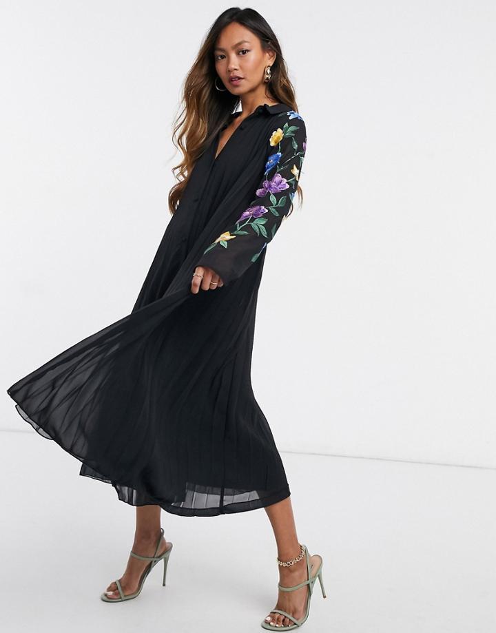 Asos Design Pleated Midi Shirt Dress With Embroidered Sleeves In Black