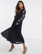 Asos Design Pleated Midi Shirt Dress With Embroidered Sleeves In Black