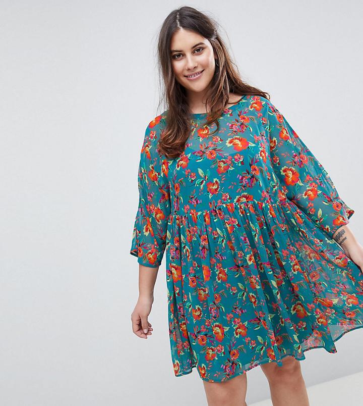 Asos Curve Smock Dress In Floral Print - Black