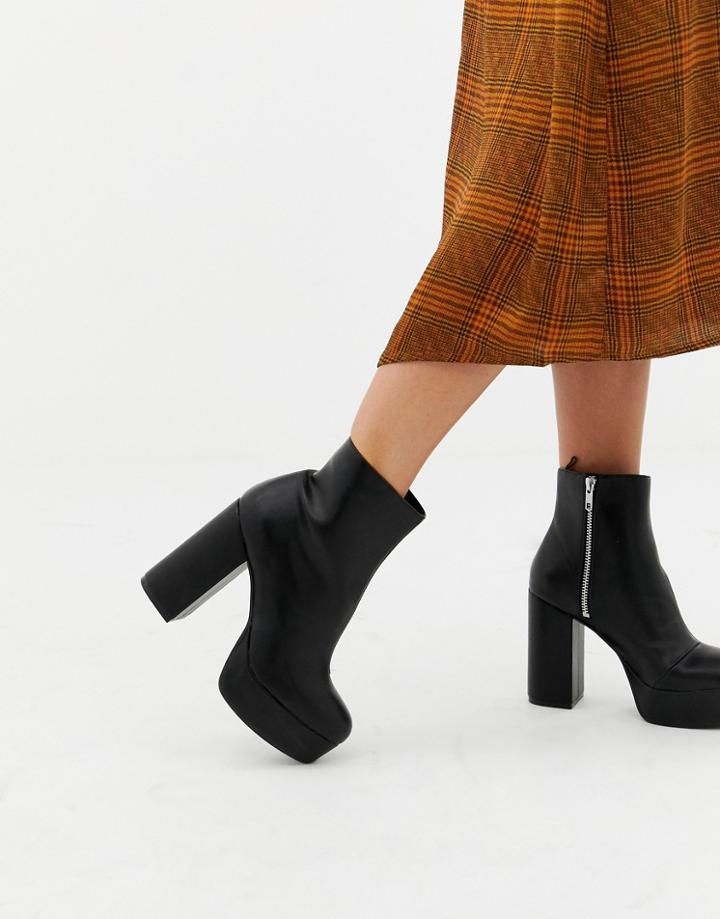 Monki Zip Heeled Platform Boot In Black - Black