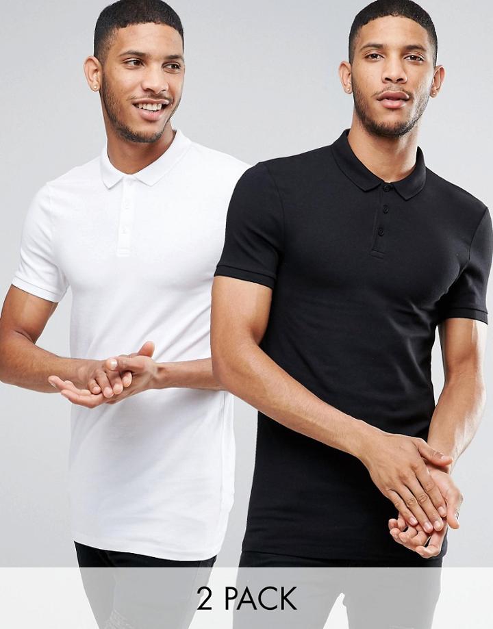 Asos 2 Pack Longline Muscle Polo Shirt In Black/white - Multi