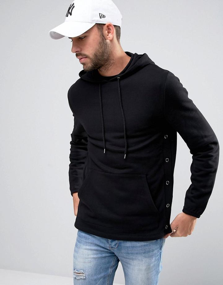 Asos Hoodie With Side Poppers In Black - Black