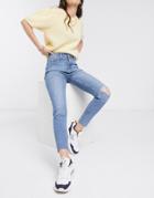 New Look High Waist Disco Skinny Jeans With Rips In Light Blue-blues