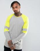 Asos Longline Long -sleeve Raglan T-shirt With Neon Color Block Arm Panels - Gray