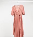 Asos Design Maternity Kimono Sleeve Pleated Wrap Midi Dress With Tie Waist In Pink