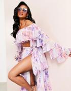 Asos Luxe Beach One Shoulder Super Ruffled Crop Top In Postcard Print - Part Of A Set-multi