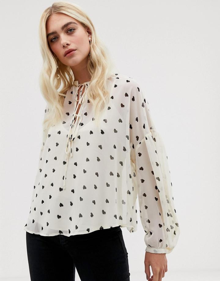 Asos Design Long Sleeve Oversized Top With Tie Neck In Heart Print-multi