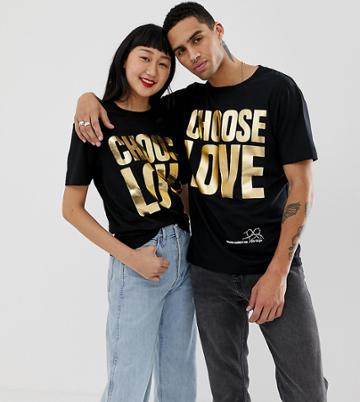 Help Refugees Choose Love Gold Foil T-shirt In Black Organic Cotton - Black
