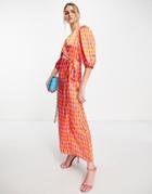 Vila Recycled Blend Satin Wrap Maxi Dress In Retro Bright Print-pink