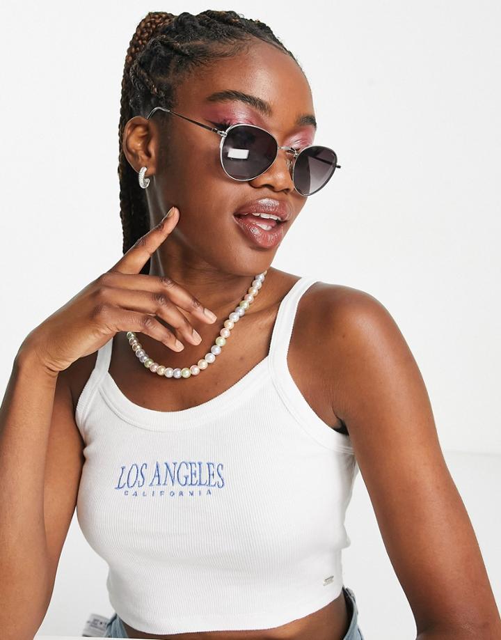 Pull & Bear Varsity Cropped Top In White