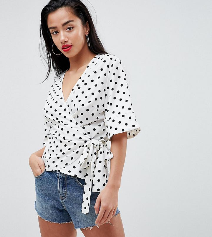 Boohoo Petite Polka Dot Wrap Top - White