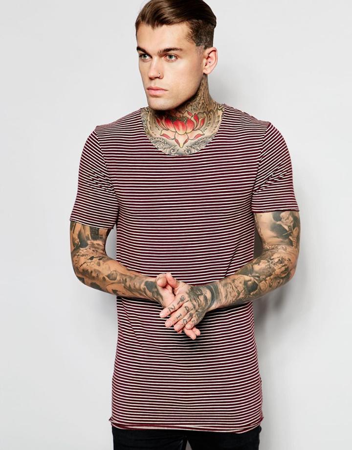 Asos Longline Muscle T-shirt In Stripe With Scoop Neck And Raw Edges