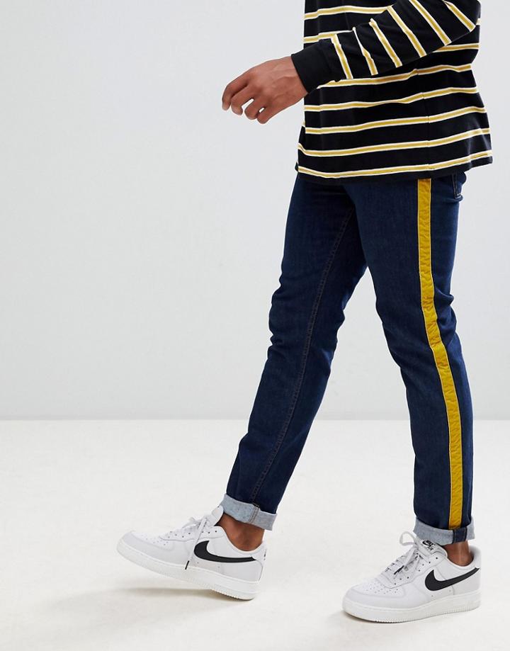 Asos Design Skinny Jeans In Rinse Wash With Mustard Velour Side Stripe - Blue